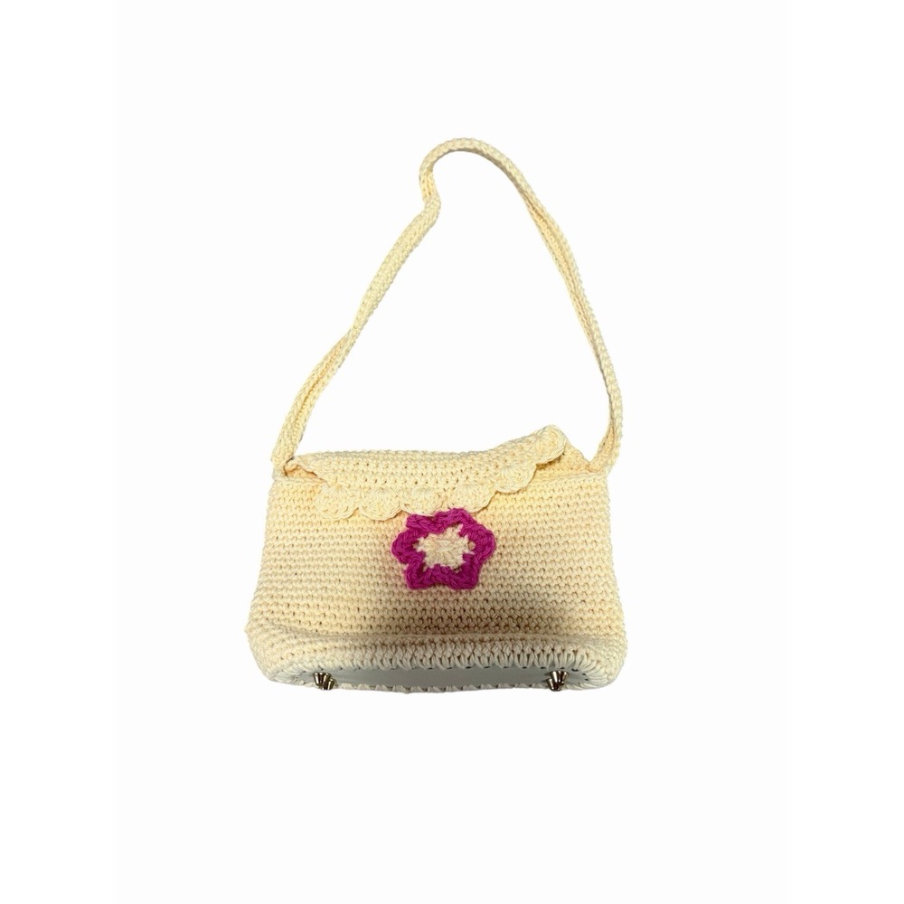 NEW Handmade Crochet Handbag small mini cream flower button closure